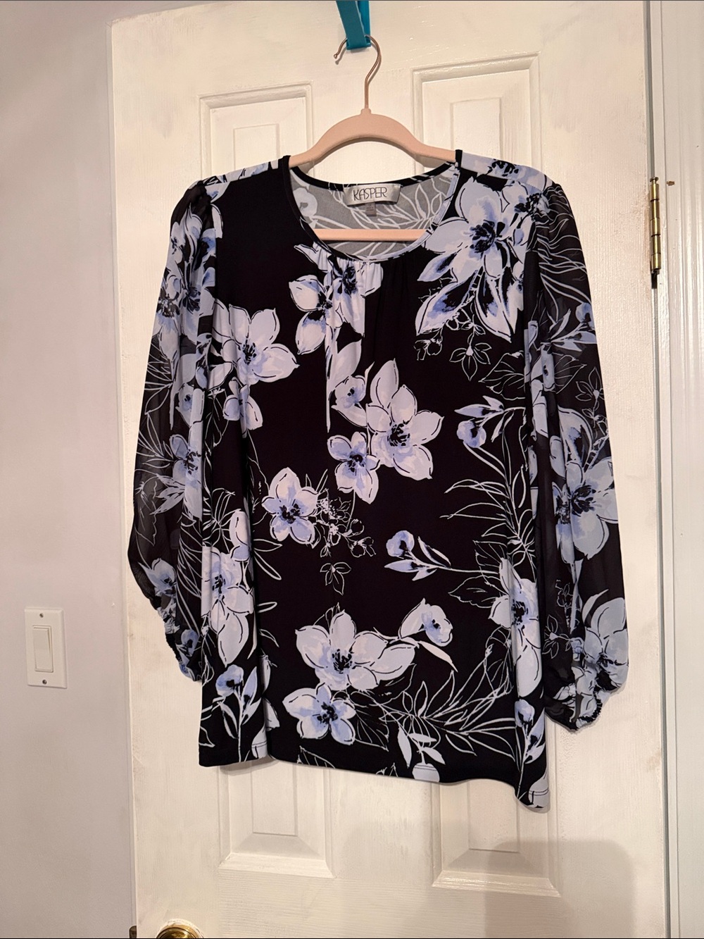 Kasper Black Floral Blouse with Light Blue and White Flowers